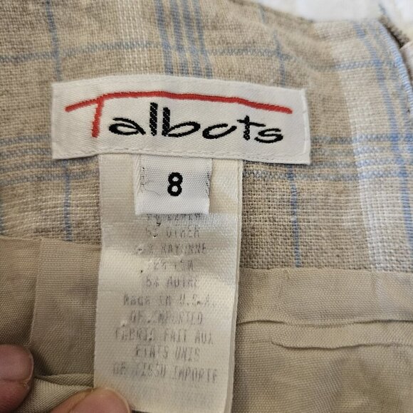 Vintage Talbots Linen Blend Wrap Skirt Size 8 Blue Beige Check Plaid Midi USA - Picture 4 of 14